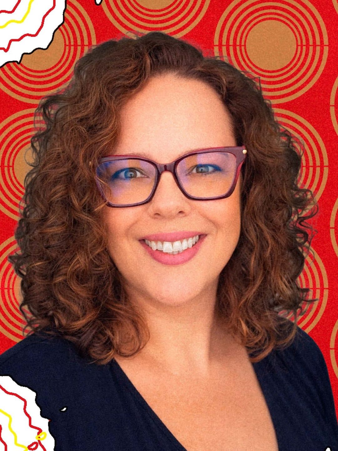 Retrato de Fabíola Aquino sobre grafismo de círculos concêntricos em vermelho e dendê